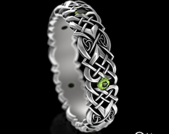 Woven Peridot Knotwork Ring, Sterling Womens Celtic Wedding Band, Womens Heart Trinity Knot Ring, Scottish Peridot Bridal Wedding Ring, 4014