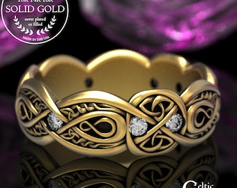 Gold or Platinum Moissanite Trinity Band, Celtic Infinity Knotwork Wedding Ring, Elegant Irish Handfasting Ring, Gemstone Union Ring, 1411