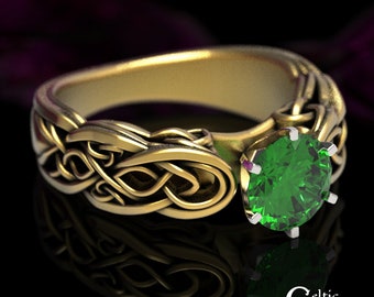 Gold Emerald Engagement Ring, Trinity Irish Wedding Ring, Gold Infinity Wedding Ring, Emerald Irish Ring, Cathedral Engagement Ring, 1649