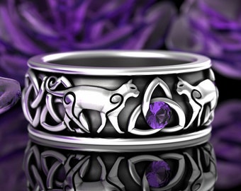 Sterling Cat Ring, Amethyst Celtic Cat Wedding Ring, Irish Cat, Scottish Cat, Feline Wedding Band, Silver Cat Irish Ring, Trinity Knot, 3107