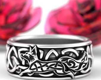 Sterling Silver Celtic Fox Ring, Fox Wedding Band, Silver Trinity Celtic Knot Ring, Fox Jewelry, Running Fox Ring, Womens Fox Ring, 1162