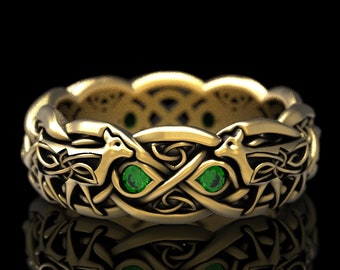 Gold Celtic Cow Ring, 10K Gold Emerald Ring, Farm Wedding Ring, Cow Jewelry, Farm Animal Wedding Band, Womans Gold Ring, Bovine Ring, 1717