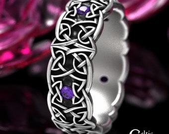 Amethyst Womens Celtic Ring, Sterling Celtic Tribal Ring, Silver Female Wedding Band, Amethyst Irish Womens Ring, Tribal Scottish Ring, 1822