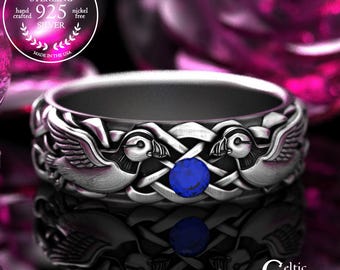 Puffin Lovers Wedding Ring with Sapphire, Sterling Celtic Sapphire Band, Silver Bird Sweethearts Ring, 2119