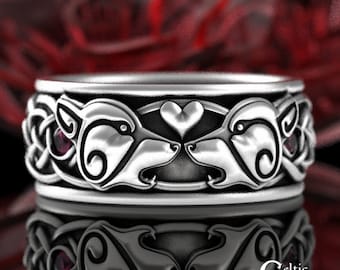 Ruby & Sterling Silver Wolf Wedding Band, Wolf Heart Ring, Silver Wolf Wedding Band, Mens Wolf Wedding Ring, Ruby Celtic Wolf Ring, 4308