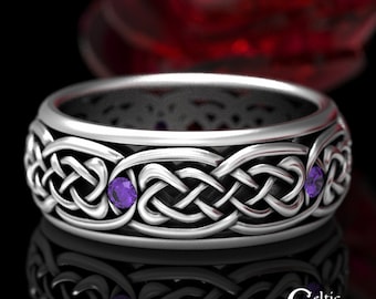 Modern Celtic Wedding Band, Amethyst & Silver Wedding Band, Mens Celtic Ring, Sterling Silver Mens Ring, Mens Celtic Wedding Band, 1584