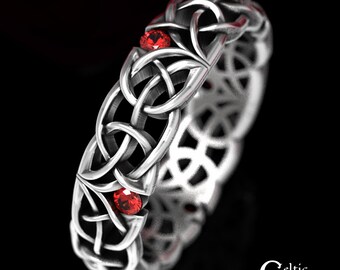 Ruby Celtic Wedding Band, Narrow Wedding Ring, Sterling Silver Wedding Ring, Unique Wedding Band, Thin Wedding Ring, Modern Ruby Ring, 1504