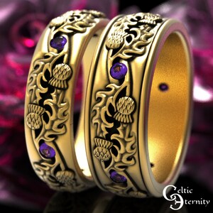 Gold Amethyst Thistle Ring Set, Gold Thistle Wedding Bands, Amethyst Celtic Wedding Ring Set, 10K Gold Irish Wedding Ring Set, 1935 1936 image 2