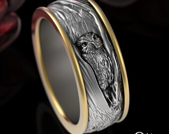 Grooms Sterling & 10K Gold Owl Wedding Band, 2-Tone Owl Tree Bark Handfasting Ring, Mixed Metal Mens Wedding Ring, BiColor Owl Ring, 4030