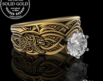 Gold Bear Stacking Engagement Set, 1 Carat Matching Gold Bridal Set, 10K 14K Womans Celtic Knotwork, Platinum Irish Wedding Set, 3176 1971