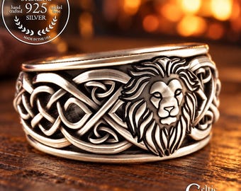 Sterling Silver Lion Ring, Mens Lion Wedding Band, Celtic Lion Ring, Lion Jewelry, Silver Lion Ring, Lion Spirit Animal, Man Lion Ring, 3006