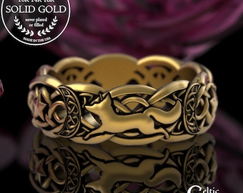10K Starlight Fox & Crescent Moons Ring, White Gold Kitsune Wedding Ring, 18K Celestial Fox Wedding Band, 14K Gold Celtic Moon Ring, 3277