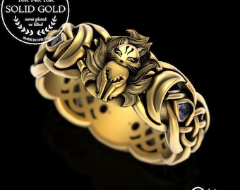 Gold Alexandrite Japanese Fox & Crescent Moon Ring, 10K 14K Gold Kitsune Wedding Band, 18K Fox Wedding Band, Platinum Celtic Moon Ring, 3199