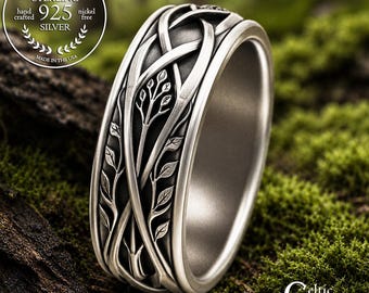 Sterling Groom's Tree of Life Wedding Band, Men's Elven Wedding Ring, Silver Celtic Forest Jewelry, Irish Leaves & Botanical Ring, 2131