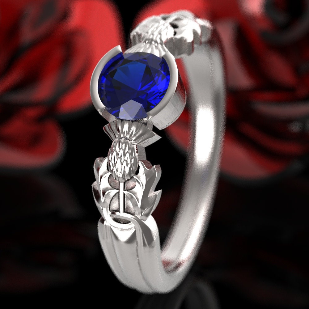 Sapphire Thistle Engagement Ring, Sterling Silver Thistle Ring, Thistle