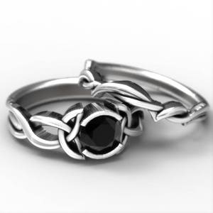 Black Spinel Engagement Ring Set, Sterling Silver Celtic Knot Ring,  Celtic Eternity Ring, Unique Engagement Ring, Made in Your Size 405 406