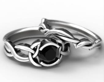 Black Spinel Engagement Ring Set, Sterling Silver Celtic Knot Ring,  Celtic Eternity Ring, Unique Engagement Ring, Made in Your Size 405 406