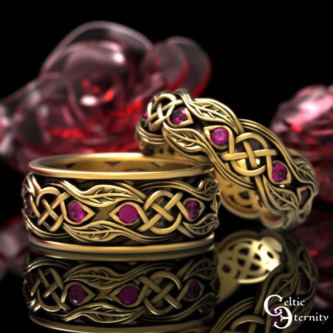 10K Gold Ruby Matching Leaves Wedding Rings, White Gold Celtic ...