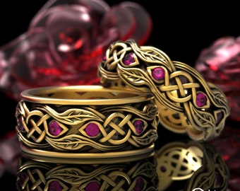 10K Gold Ruby Matching Leaves Wedding Rings, White Gold Celtic Botanical Wedding Band, His Hers Leaves Celtic Platinum Ring Set 1964 1963