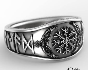 10K White Gold Raven Wedding Ring, Mens White Gold Viking Ring, 10K Runes Raven Signet Ring, Mens Gold Statement Ring, Viking Compass, 1157