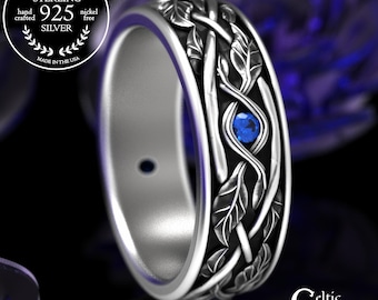 Sapphire Knotted Twigs Wedding Band, Man Sterling Silver Botanical Ring, Forest Anniversary, Celtic Life Partner Ring, Marriage Pledge, 2053