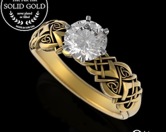 Gold Moissanite Engagement Ring, Moissanite Celtic Bridal Ring, Womens Moissanite Gold Ring, Gold Diamond Engagement Ring, Irish Ring, 4017