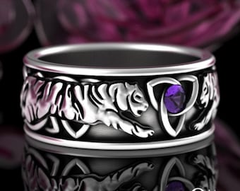Mens Tiger Wedding Ring, Sterling Silver Amethyst Tiger Jewelry, Safari Wedding Band, Tiger Spirit Animal, King of the Jungle Ring, 3119