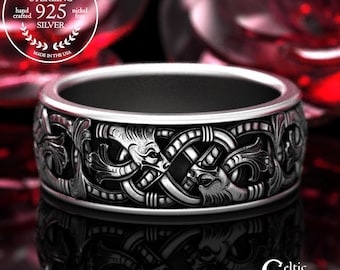 Sterling Men's Viking Dragons Ring, Interwoven Serpent Wedding Band, Celtic Dragon Head Knotwork Ring, Norse Jormungandr Jewelry, 2108