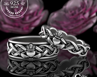 Bride Groom Claddagh Ring Set, Sterling Matching Celtic Heart Rings, Traditional Irish His Hers Wedding Bands, Silver Anniversary, 3280 3222