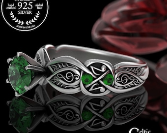 Emerald & Sterling Celtic Melody Ring, Symphony Wedding Ring, Musical Engagement Ring, Silver Irish Music Ring, Orchestra Solitaire, 3272