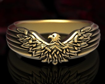 Gold Eagle Ring, Celtic Wedding Ring, Celtic Eagle Ring, Platinum Raven Ring, Bird Wedding Ring, Gold Viking Celtic Flying Bird Ring, 1533