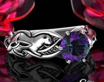 Alexandrite Engagement Ring, Sterling Silver River Otter Jewelry, Otter Lover Wedding Ring, Alexandrite Solitaire Wedding Band, 3060
