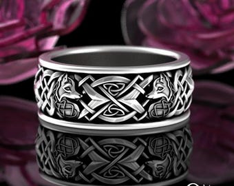 Mens Fox Soulmate Ring, Sterling Silver Fox Ring, Celtic Heart Wedding Ring, Irish Fox Ring, Mens Knotwork Wedding Band, Foxes Jewelry, 3153