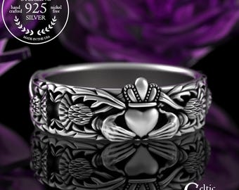 Sterling Thistle Claddagh Ring, Womens Silver Scottish Claddagh, Bridal Scotland Design, Thistle Handfasting, Scottish Highlands Ring, 3243