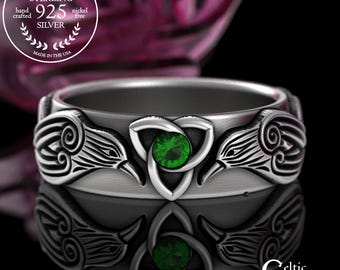Sterling & Emerald Woman's Raven Wedding Band, Silver Crow Love Ring, Norse Symbolism, Eternal Life Partner Jewelry, Mated Birds Ring, 3068