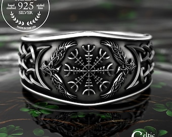 Sterling Silver Raven & Helm of Awe Ring, Mens Wedding Band, Raven Jewelry, Viking Ring, Raven Ring, Norse Ring, Viking Wedding Band, 1160