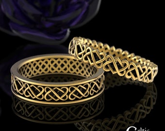 Gold Matching Celtic Rings, Matching Wedding Band Set, Gold Celtic Wedding Ring Set, His Hers Ring Set, White Gold His Hers Rings, 1033 1034