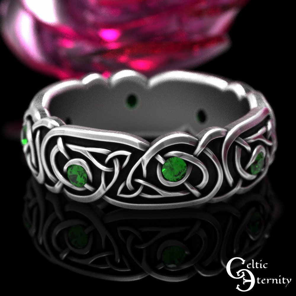 Emerald Celtic Ring, Womens Sterling Celtic Wedding Band, Emerald