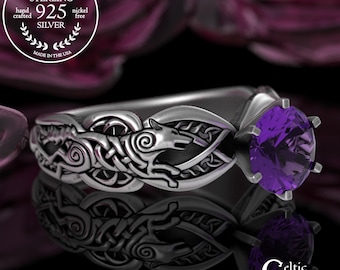 Amethyst Bride's Viking Wolf Ring, Sterling Wolves Proposal Ring, Celtic Wolfhound Engagement, Silver Emerald Irish Wolf Spirit Animal, 3177