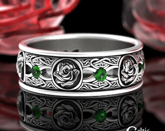 Emerald Sterling Silver Celtic Rose Wedding Band, Irish Rose Wedding Ring, Emerald Rose Celtic Ring, Silver Emerald Irish Wedding Ring, 3045