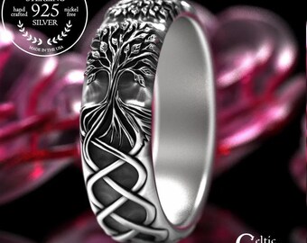 Sterling Soulmate Tree Ring, Women's Tree of Life Wedding Ring, Yggdrasil Ring, Norse Botanical Wedding Band, Silver Tree Roots Ring, 2035
