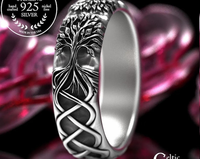 Featured listing image: Sterling Soulmate Tree Ring, Women's Tree of Life Wedding Ring, Yggdrasil Ring, Norse Botanical Wedding Band, Silver Tree Roots Ring, 2035