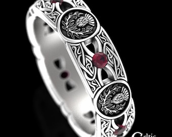 Thistle Ruby Wedding Ring, Sterling Womens Wedding Ring, Ruby Scottish Thistle Wedding Ring, Silver Celtic Thistle Wedding Ring, 4408