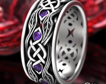 Amethyst Silver Leaf Wedding Band, Sterling Irish Botanical Wedding Ring, Nature Celtic Knotwork Ring, Scottish Leaves Wedding Ring, 1964