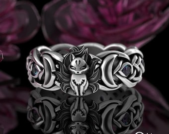 Alexandrite Fox & Moons Wedding Band, Sterling Nine Tailed Fox Ring, Crescent Moons Kitsune Ring, Silver Japanese Fox Knotwork Ring, 3199