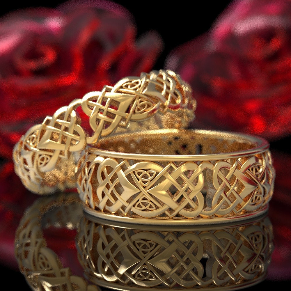 Celtic Heart Knot Wedding Ring Set, His Hers Gold Wedding Ring Set ...