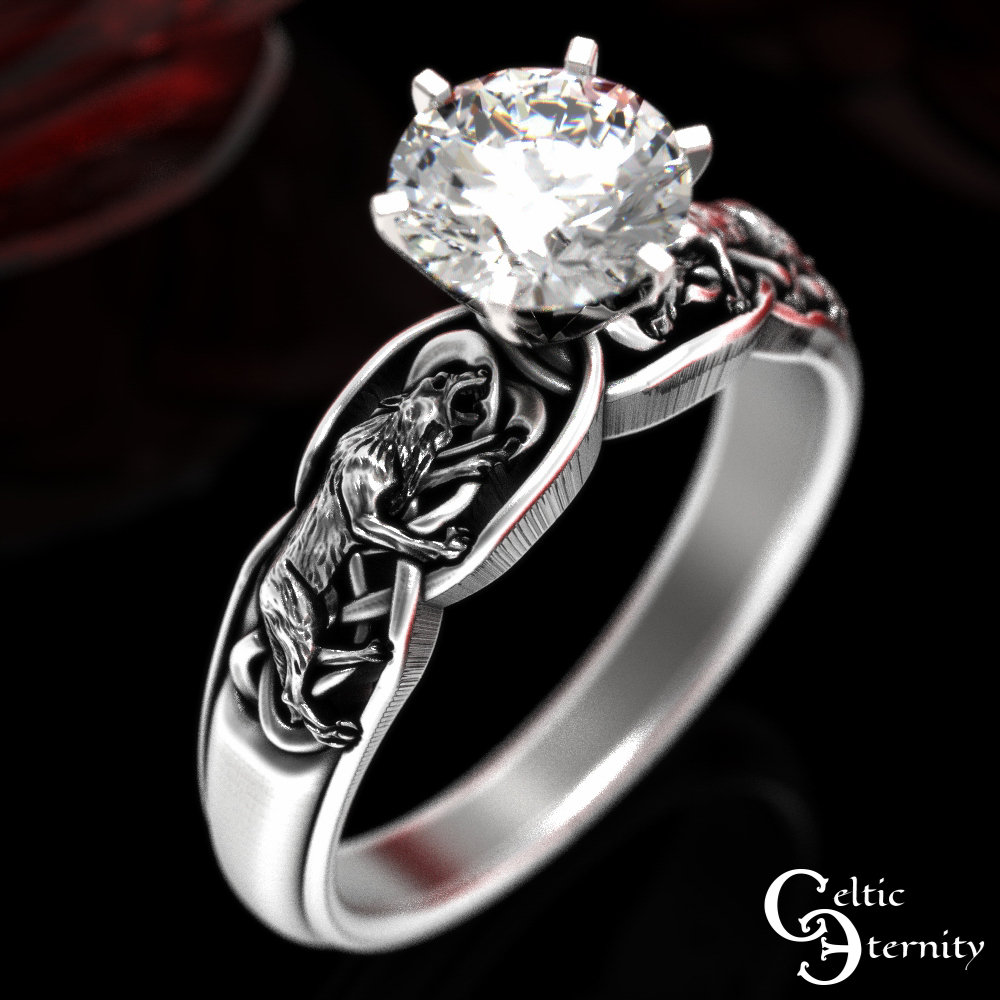 Wolf Solitaire Engagement Ring Sterling Moissanite Engagement