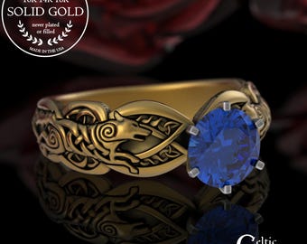 18K Sapphire Wolf Bridal Solitaire, Gold Norse Wolves Marriage Ring, Platinum Woman Viking Engagement, White Gold Round Wedding Ring, 3177