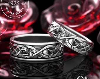 Sterling Wolves Bride & Groom Set, Silver Celtic Wolf Wedding Bands, His Hers Irish Anniversary, 2106 2111
