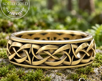 Scottish Groom's Gold Wedding Band, Platinum Men's Celtic Knot Ring, 14K White Gold Irish Anniversary Jewelry, 1302